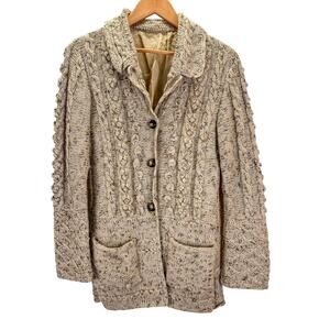 VTG Handmade Knit Cardigan Womens M L Brown Beige Cable Knit Fishermans Sweater